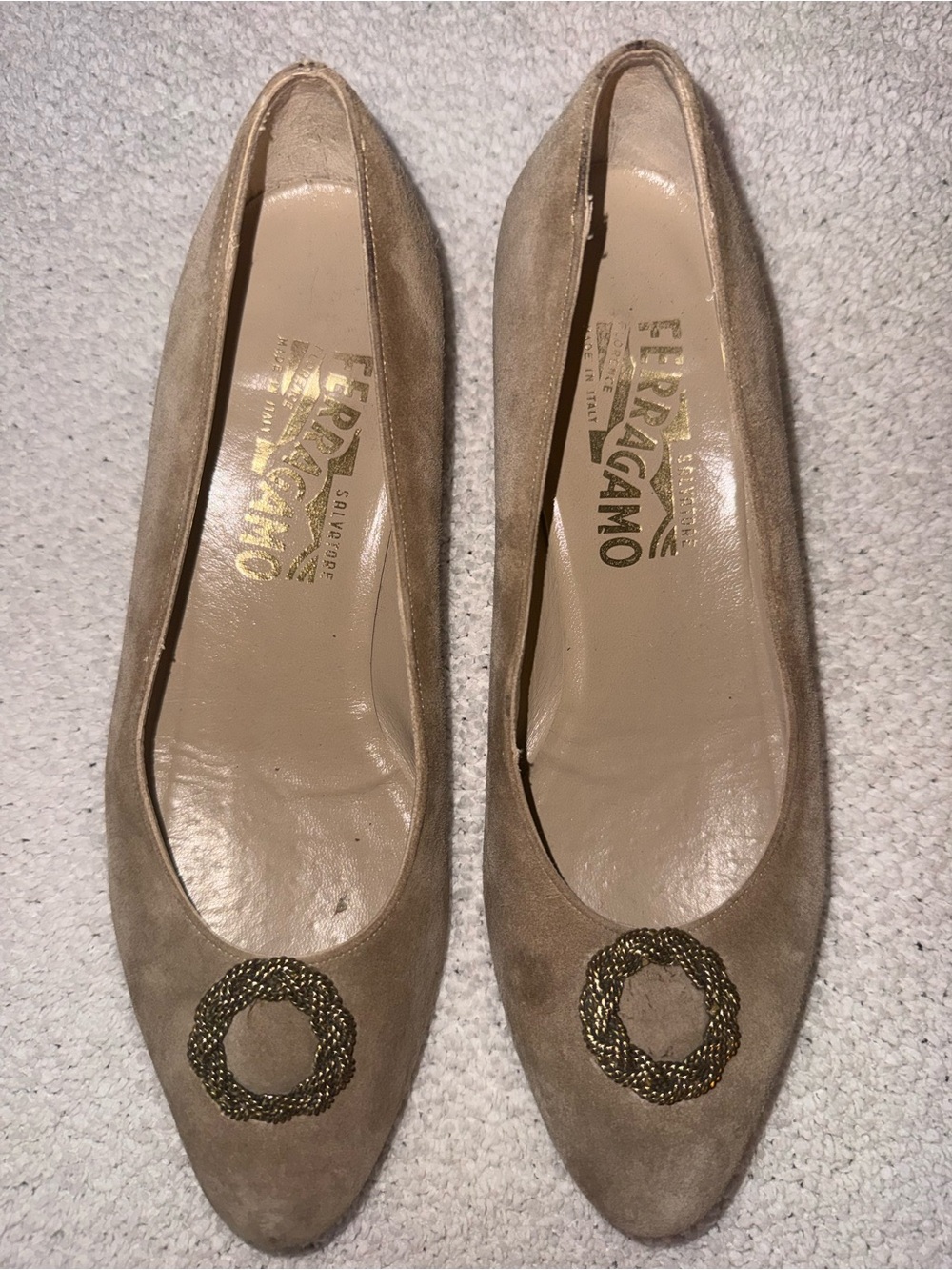 Salvatore Ferragamo Taupe Suede Flats with Gold Braided Medallion